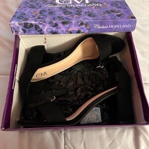 Chelsea Moreland Black Suede Ankle Strap Block Heel Sandals